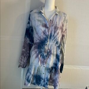 True Craft Blue/Purple Marbled Tie Dye Babydoll Tiered Mini Dress. Sz L